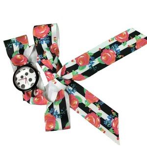 Striped Ribbon Watch with Rose Accent